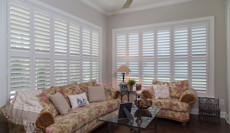 Plantation shutters in a sitting room